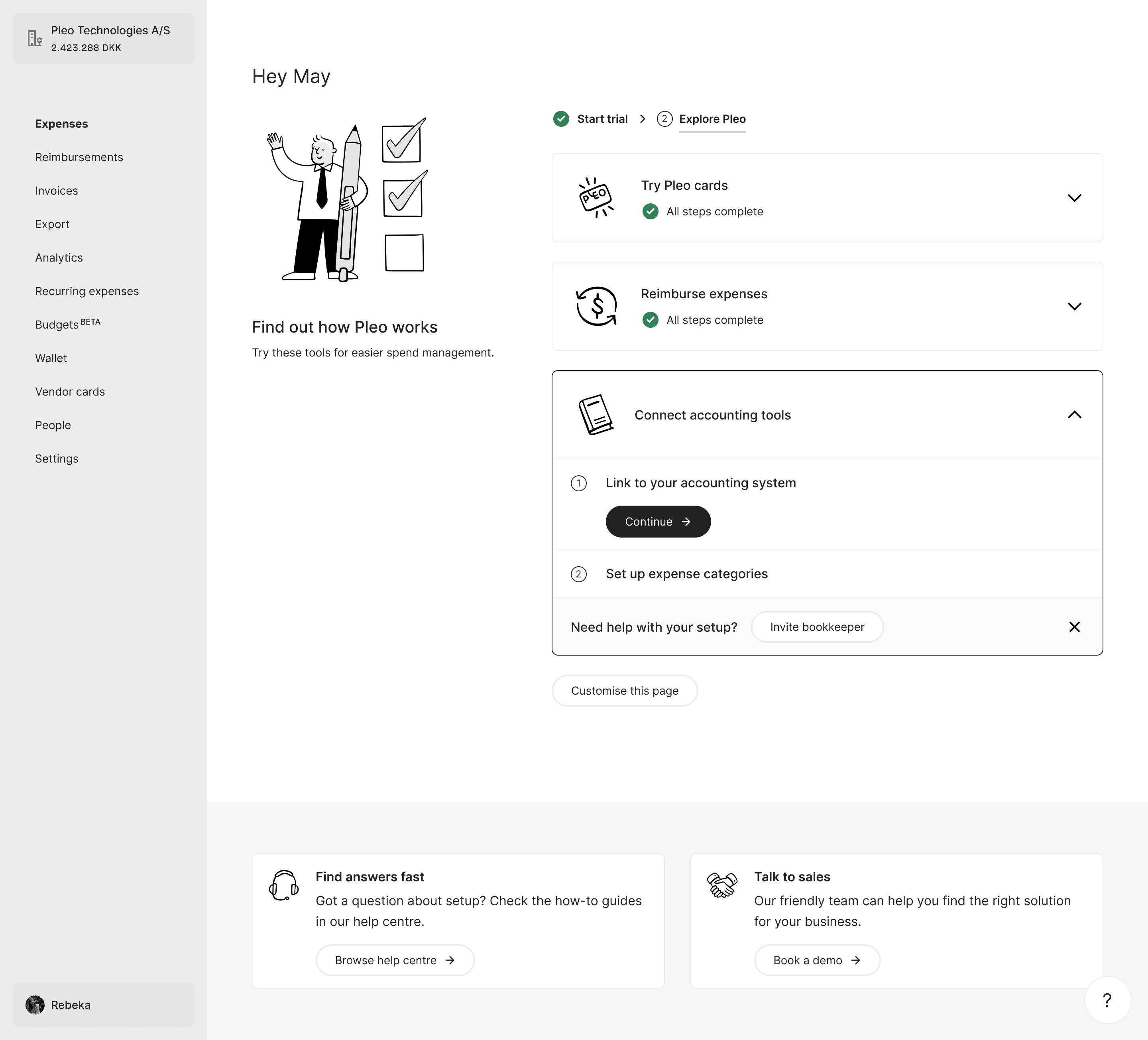 Connect accounting tools: link your accounting system, set up expense categories, or invite your bookkeeper to help