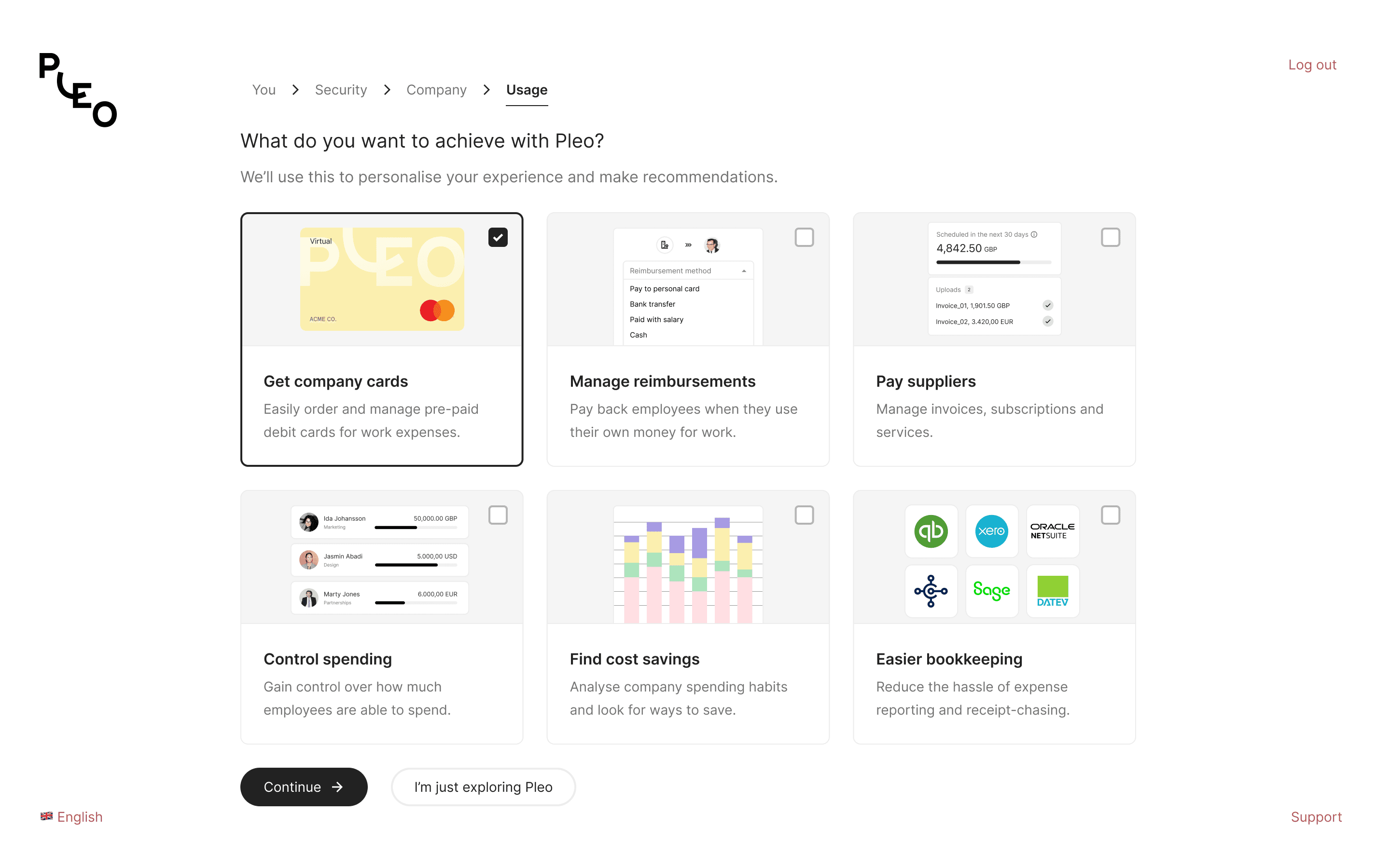 The one-page experiment: a use-case selector in signup asking what you want to achieve with Pleo