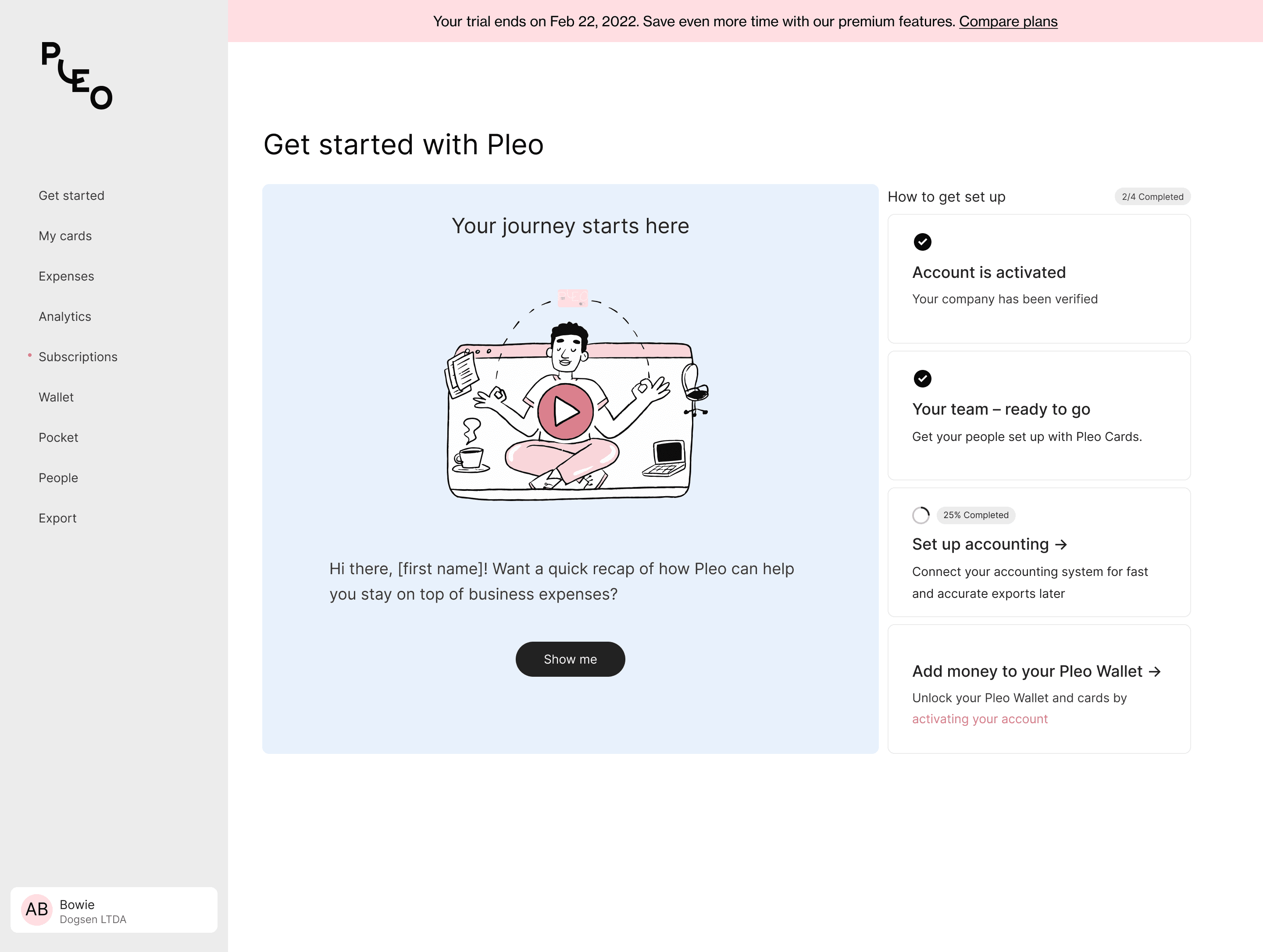 The old Get started with Pleo page: a generic setup checklist and welcome video, the same for every company