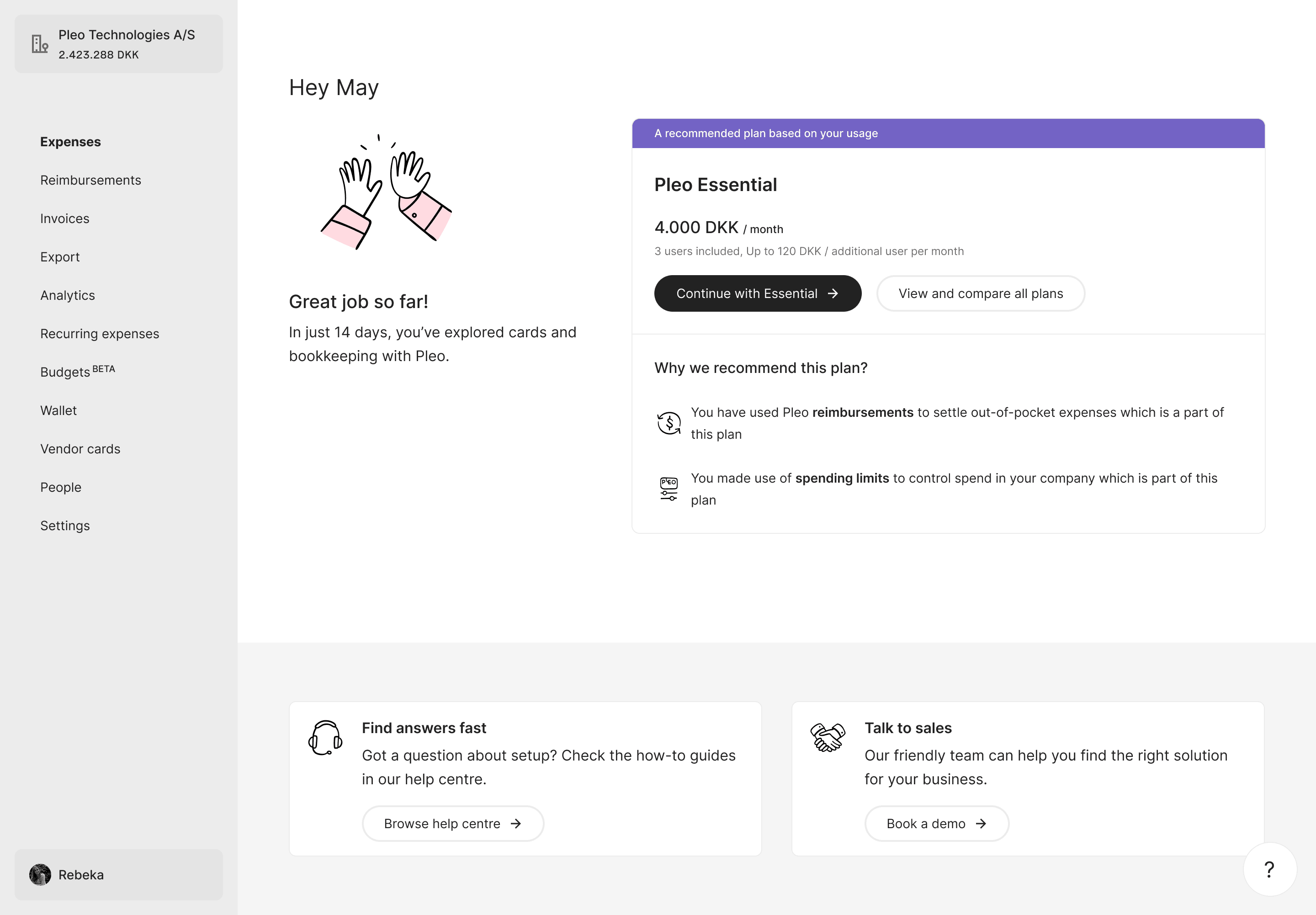 A recommended plan based on your usage: Pleo Essential with its price, a comparison link, and the reasons behind the recommendation