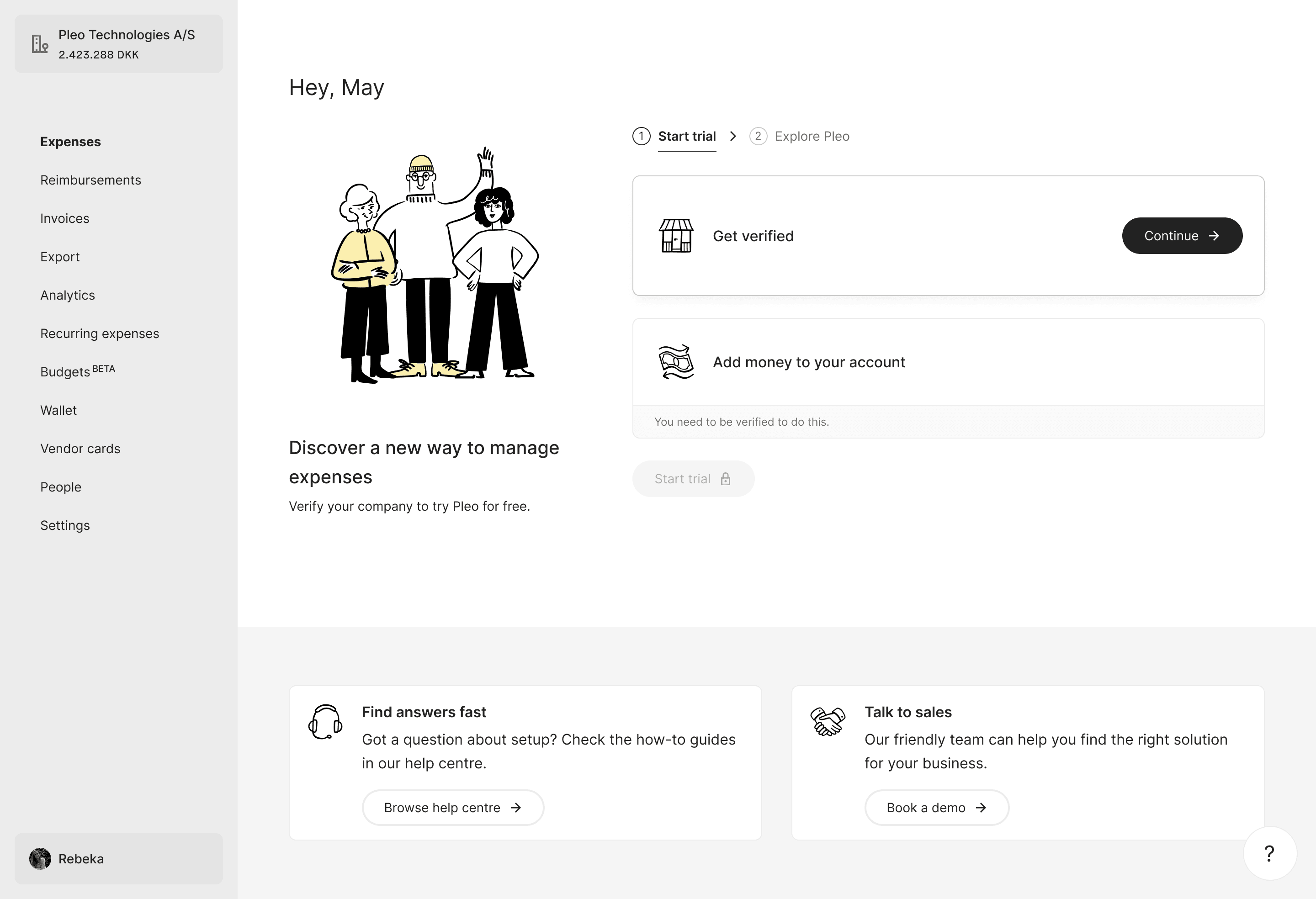 The new Get started flow: a two-stage journey starting with the trial, with verification unlocking adding money
