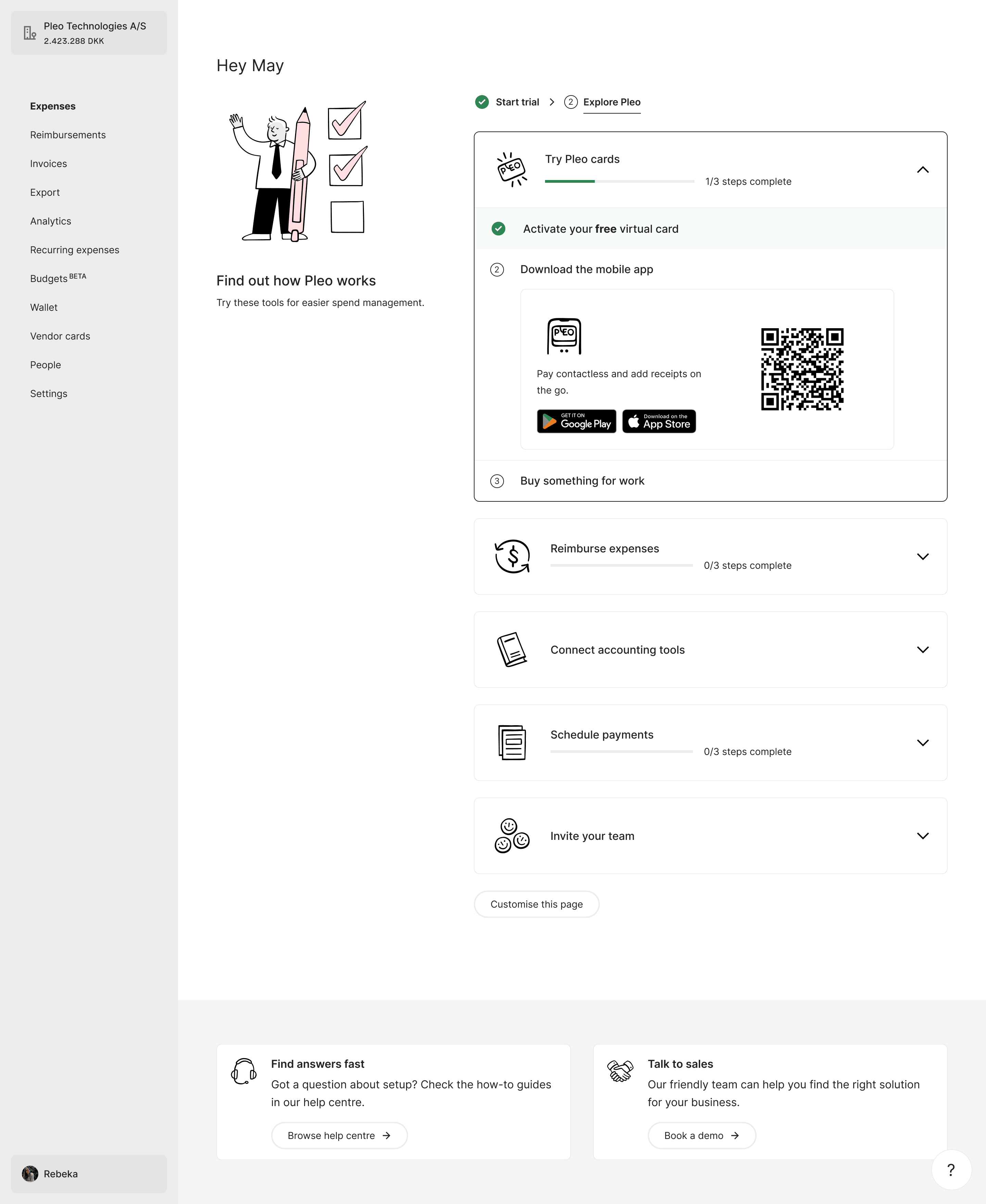 Explore Pleo: milestone checklists for trying Pleo cards, reimbursing expenses, scheduling payments, connecting accounting tools and inviting your team — with the cards milestone expanded to show its steps